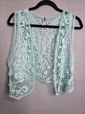 Poof W Crochet Lace Sleeveless Vest Top - Blue, Size L, Cotton Blend